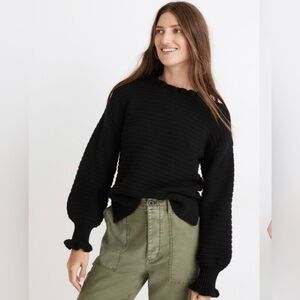 Madewell Black Ribbed Crewneck Sweater with Balloon Sleeves